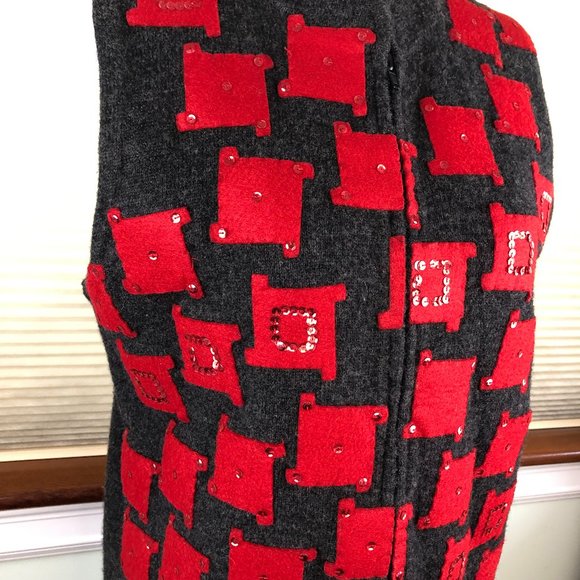 Susan Bristol 2001 Hand Embroidered Sequins Red & Gray Lambswool Front Zip Vest - Picture 7 of 15